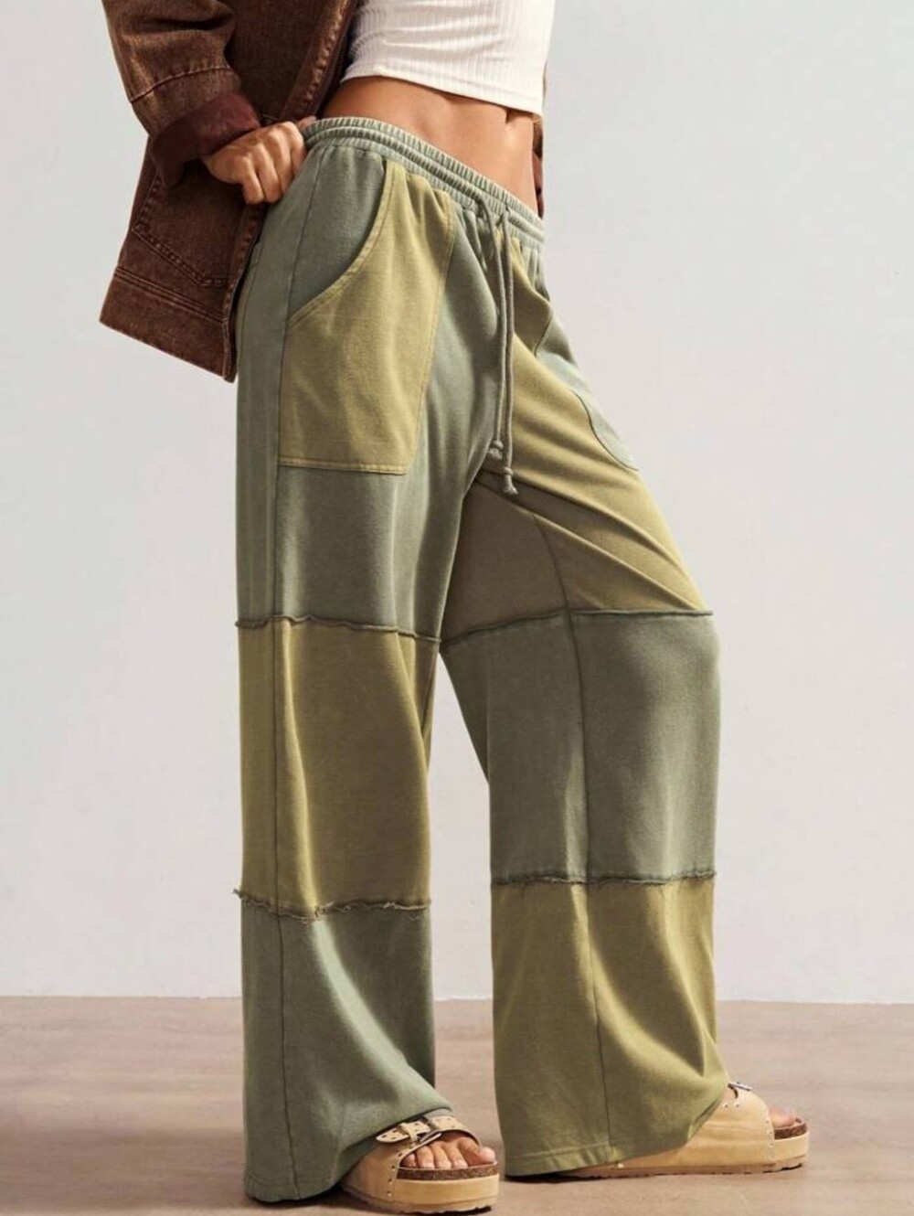 Boho Casual Color Block Wide Leg Green Pants NWOT